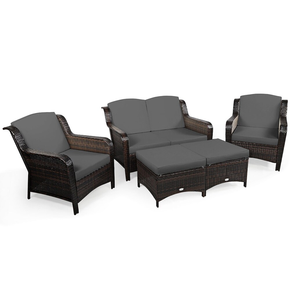 Costway 5PCS Patio Rattan Furniture Set Loveseat Sofa Ottoman