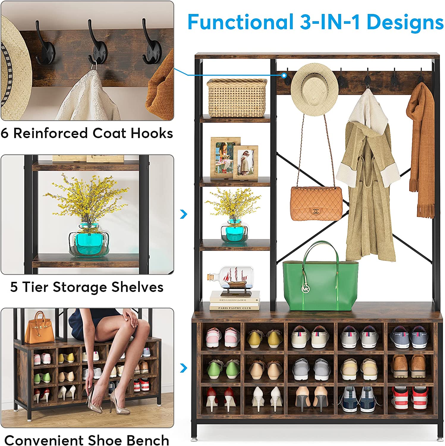 Tribesigns Entryway Hall Tree with Bench and Shoe Storage Bench with Coat Rack with Storage Shelves， Industrial Mudroom Bench with Shoe Storage and Coat Rack Hooks， Furniture for Hallway， Bedroom