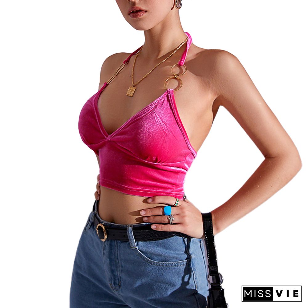 Summer Women Camisole Bodycon Halter Neck Tshirt Solid Color Backless Cropped Tank Tops Aesthetic Clothes