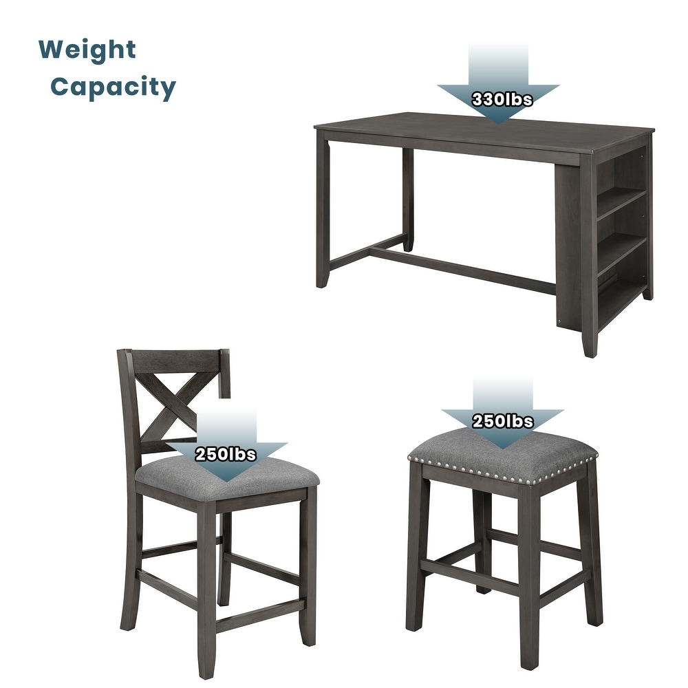 Rustic 5 Pieces Counter Height Dining Table Set Gray Wooden Bar Table Set with 3 Tier Storage Shelf  2 Stools and 2 Chairs