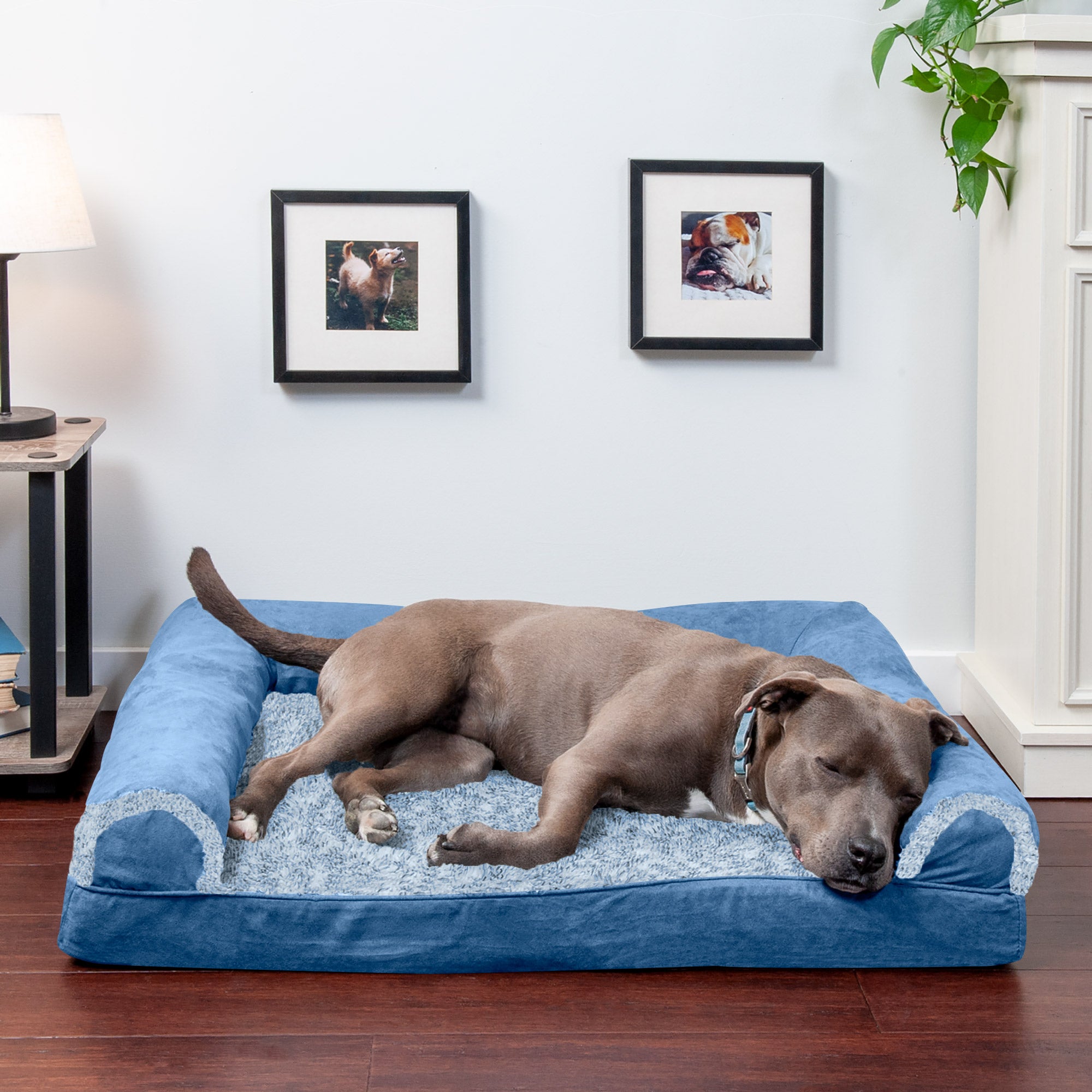 FurHaven Pet Dog Bed | Orthopedic Two-Tone Faux Fur and Suede Sofa-Style Couch Pet Bed for Dogs and Cats， Marine Blue， Large