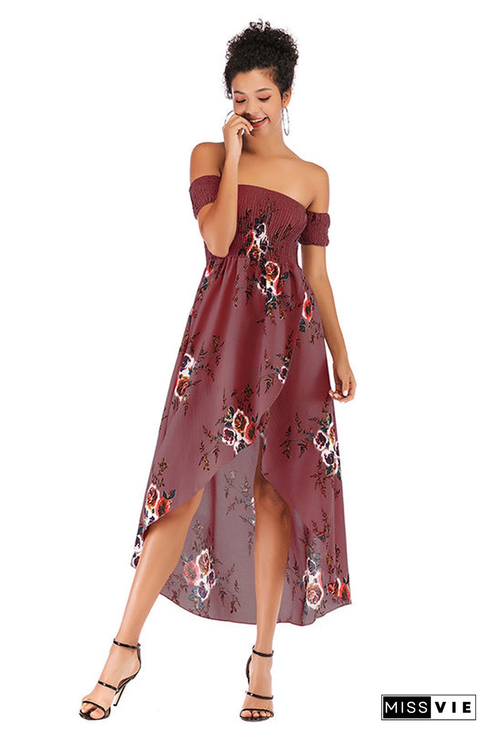 Off-the-shoulder Asymmetrical Hem Shirred Floral Dress