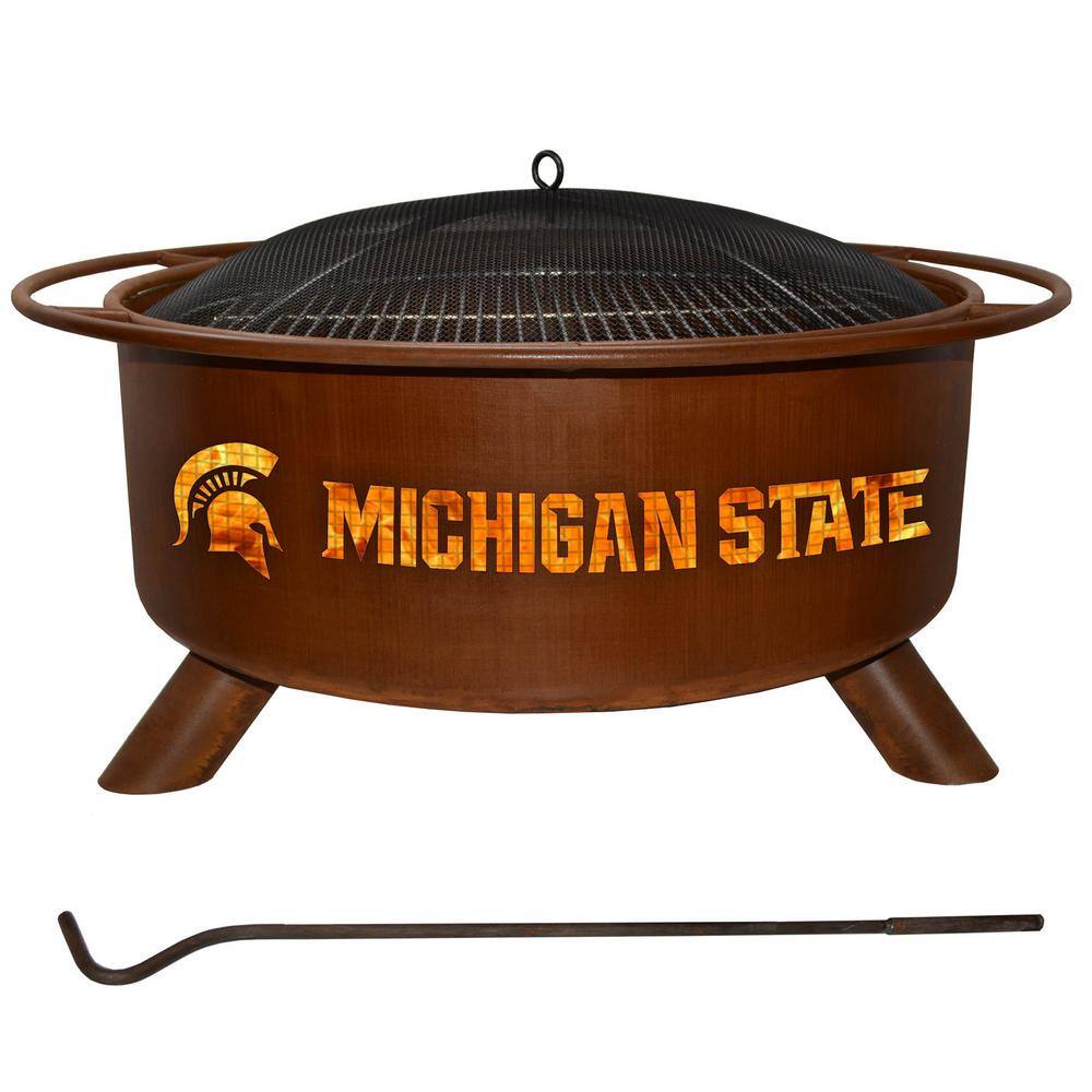 Michigan State 29 in. x 18 in. Round Steel Wood Burning Rust Fire Pit with Grill Poker Spark Screen and Cover F403