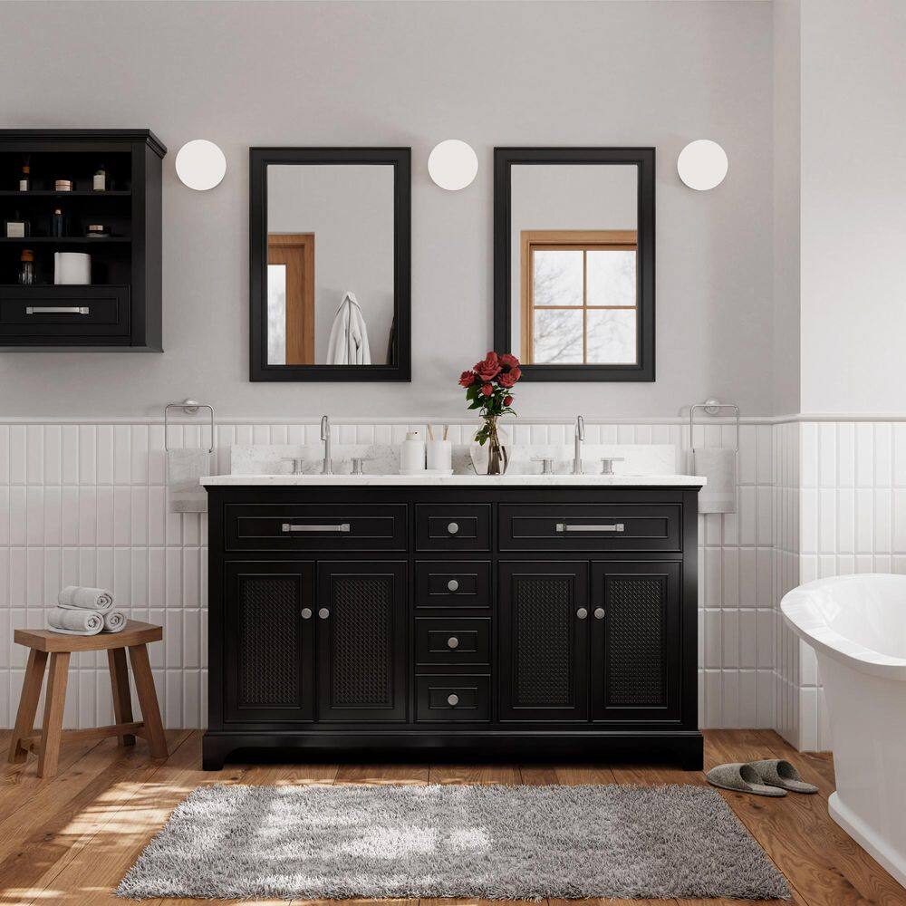 Home Decorators Collection Gillinger 60 in. W x 22 in. D x 35 in. H Double Sink Bath Vanity in Black Rattan with Engineered Carrara Top and Sink 1906VA60-312925