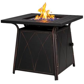 PHI VILLA 28.3 in. x 24.8 in. 50000 BTU Square Metal Gas Fire Pit Table with Lid and Blue Fire Glass THD-E02GS001