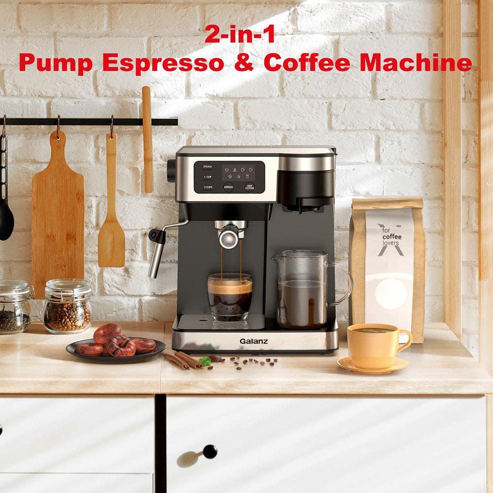 Galanz 2 Cup Stainless Steel Espresso Machine with Steam Wand and Drip Coffee Machine