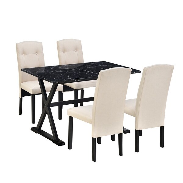 Wood Dining Table Set with Faux Marble Tabletop and 4 Chairs， 5-Piece Dining Set