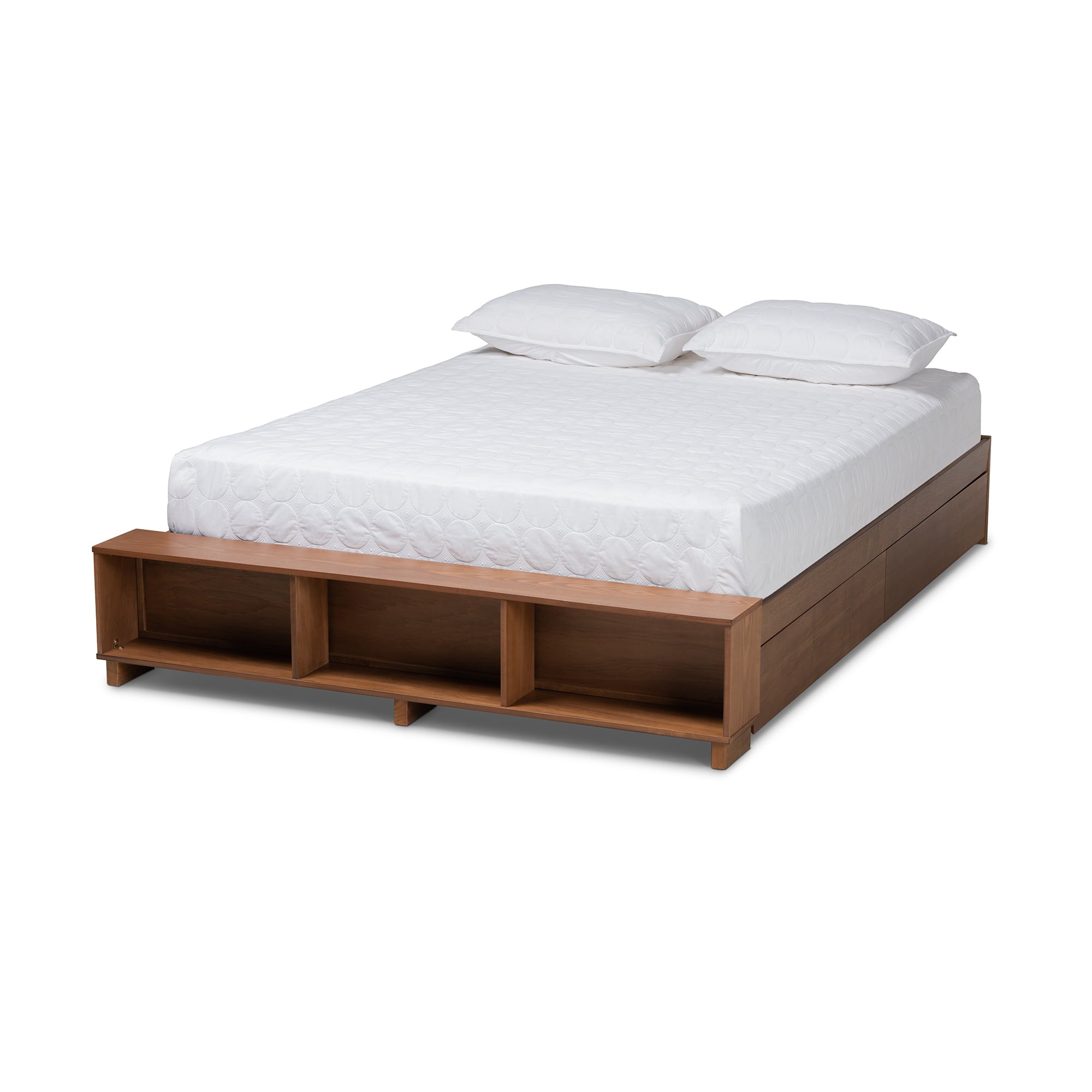 Baxton Studio Arthur Modern Rustic Ash Walnut Brown Finished Wood Full Size Platform Bed with Built-In Shelves