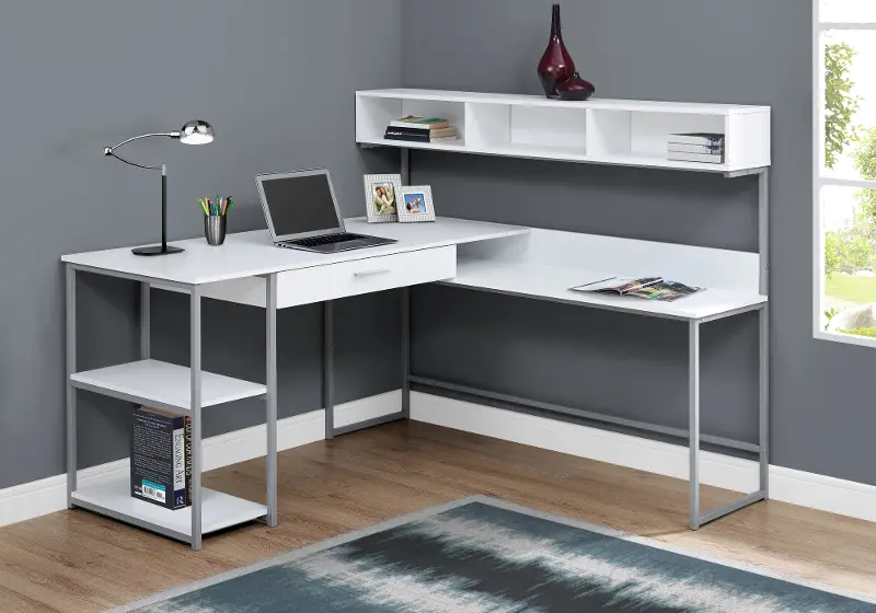 White and Silver Metal Corner Computer Desk