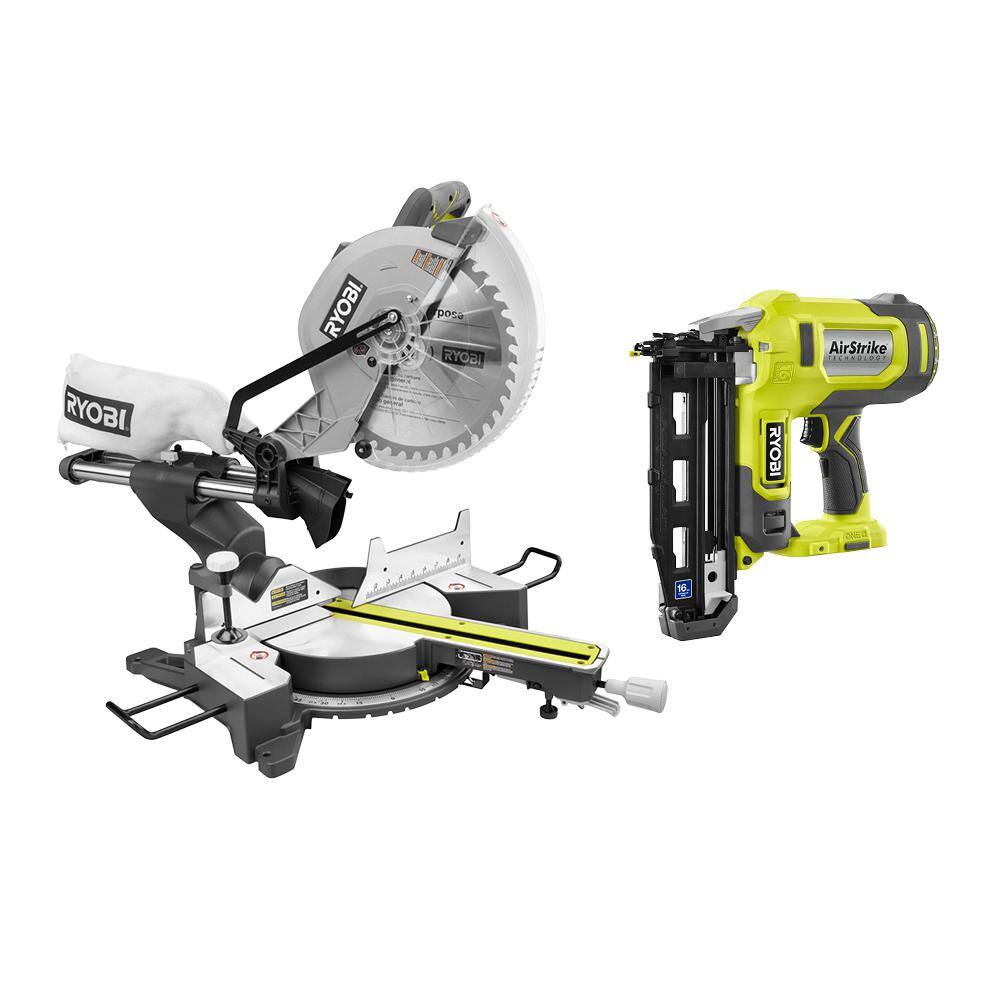 RYOBI 15 Amp Corded 12 in. Sliding Compound Miter Saw and ONE+ 18V 16-Gauge Cordless AirStrike Finish Nailer (Tool Only) TSS121-P326