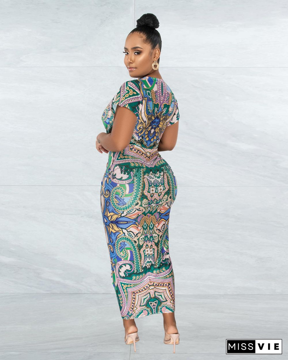 Printed V-neck Ethnic Style Slit Pleated Dress