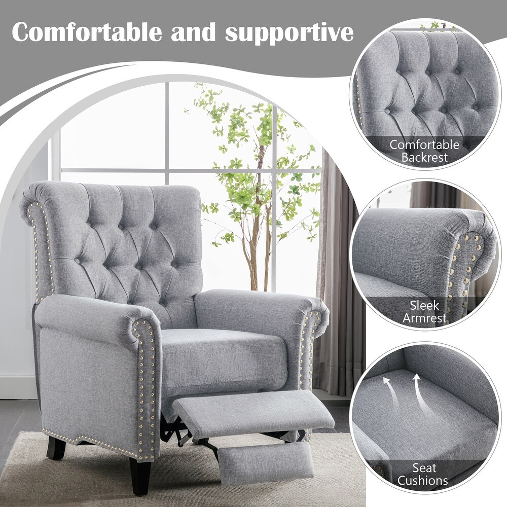 Pushback Linen Tufted Recliner Single Sofa with Nailheads Roll Arm  Adjustable Recliner for Living Room  Bedroom  Office