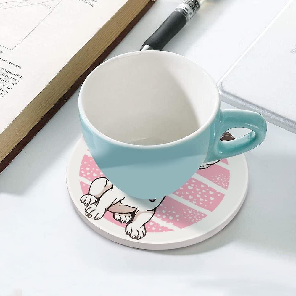 2pcs Round French Bulldog With Bow Ceramic Coasters With Cork-backed For Coffee Drink Cup Mat Absorbent Stone Coasters