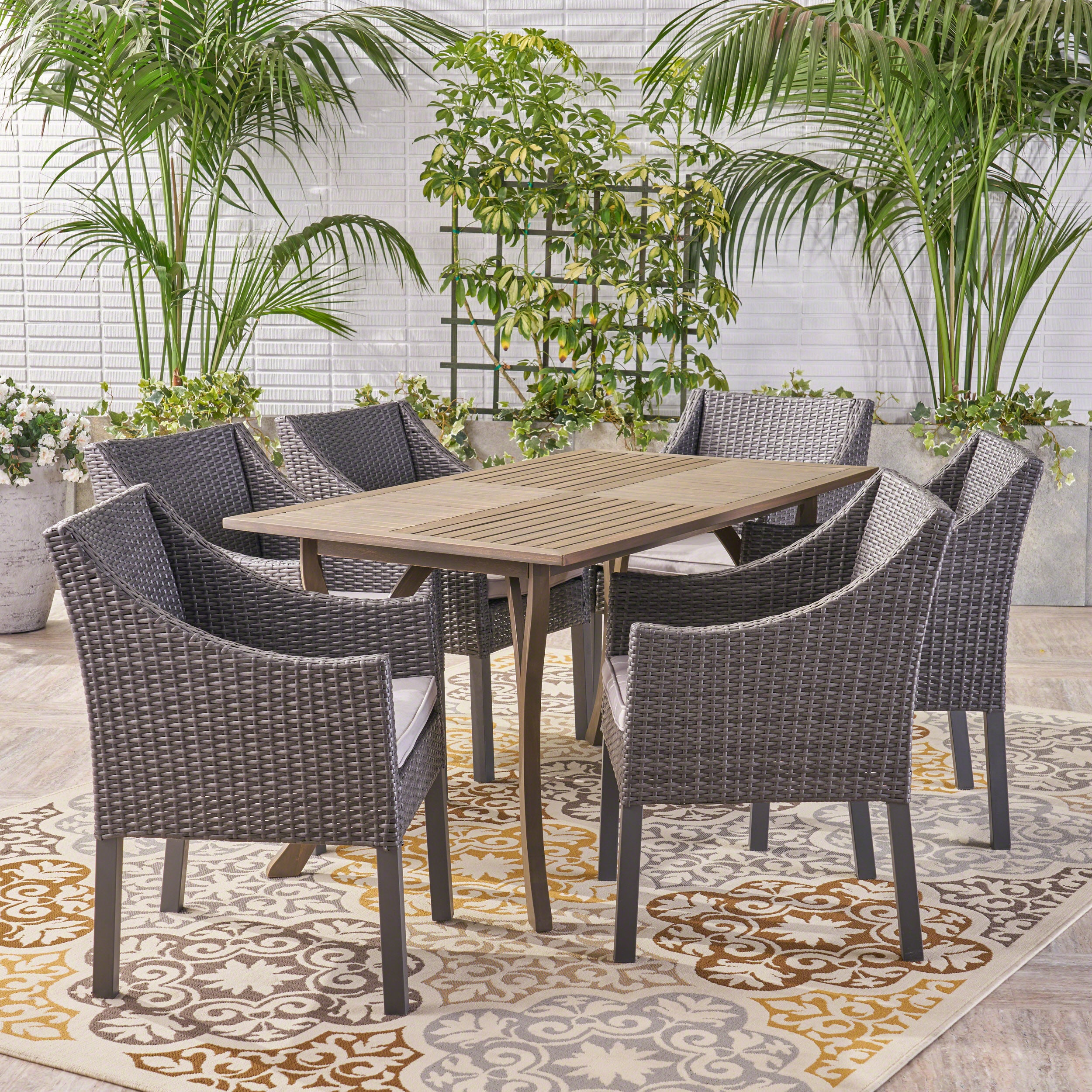 Temorah Outdoor 7 Piece Wood and Wicker Dining Set, Gray and Gray