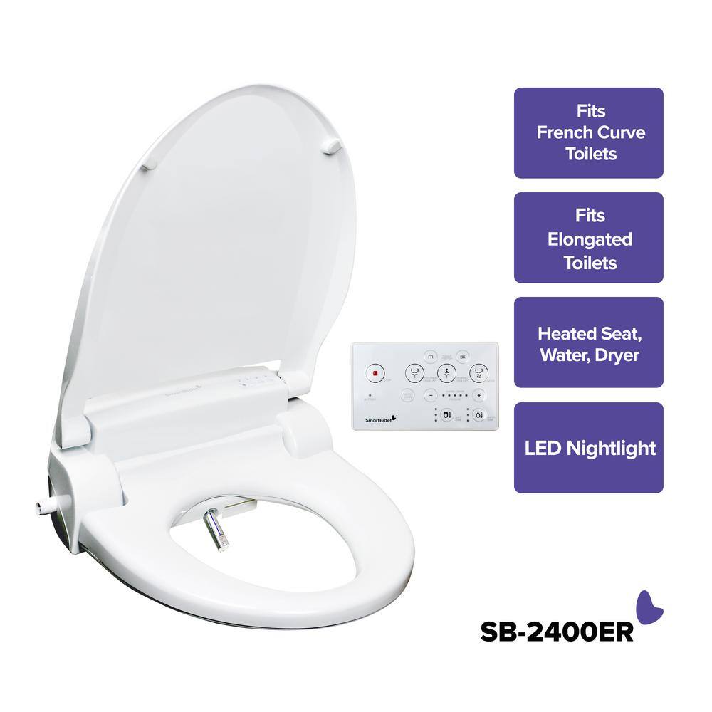 SmartBidet Electric Bidet Seat for Elongated and French Curve Toilets in White with Heated Seat Remote Control and Nightlight SB-2400ER