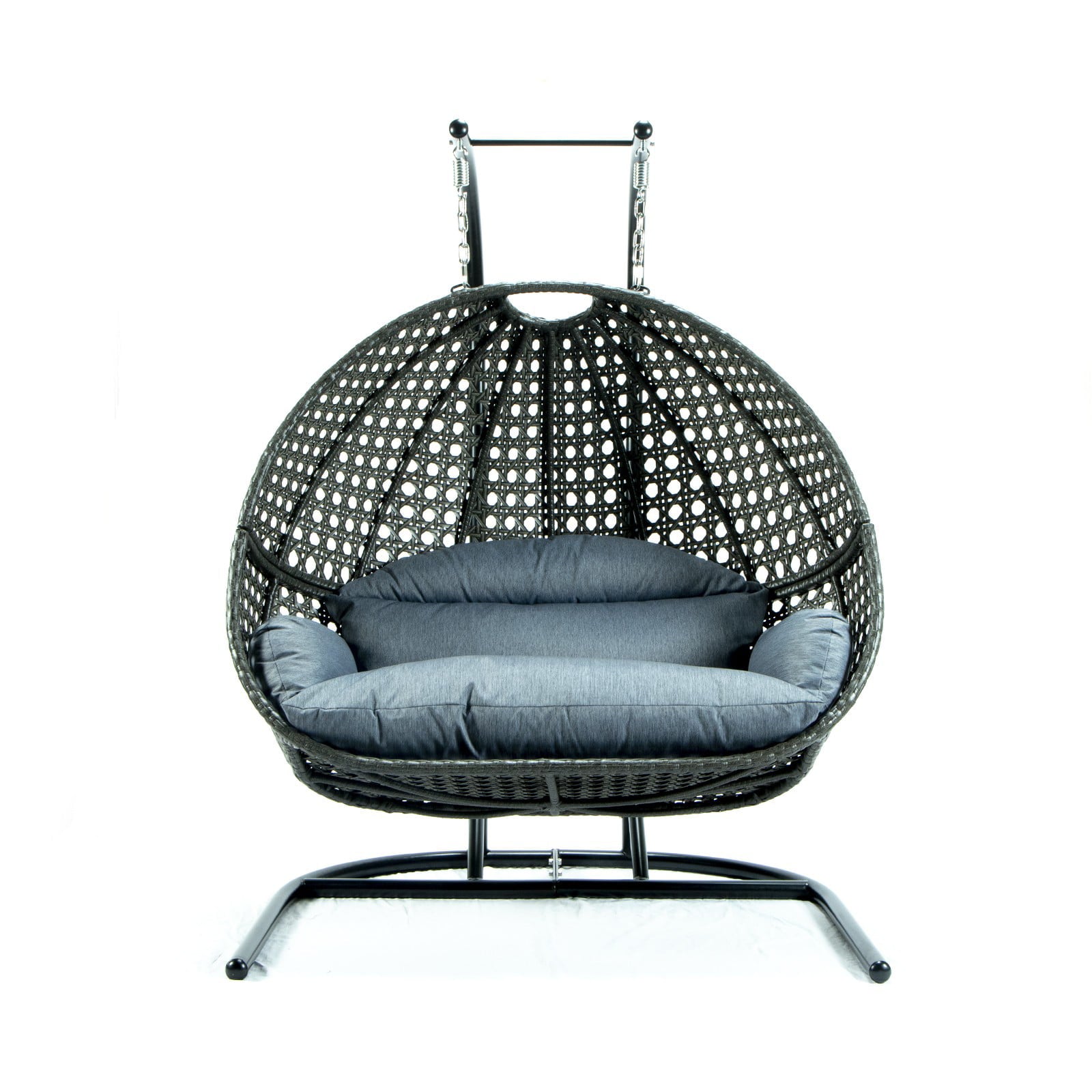 LeisureMod Modern Wicker Double Hanging Egg-Shaped Swing Chair in Charoal Blue