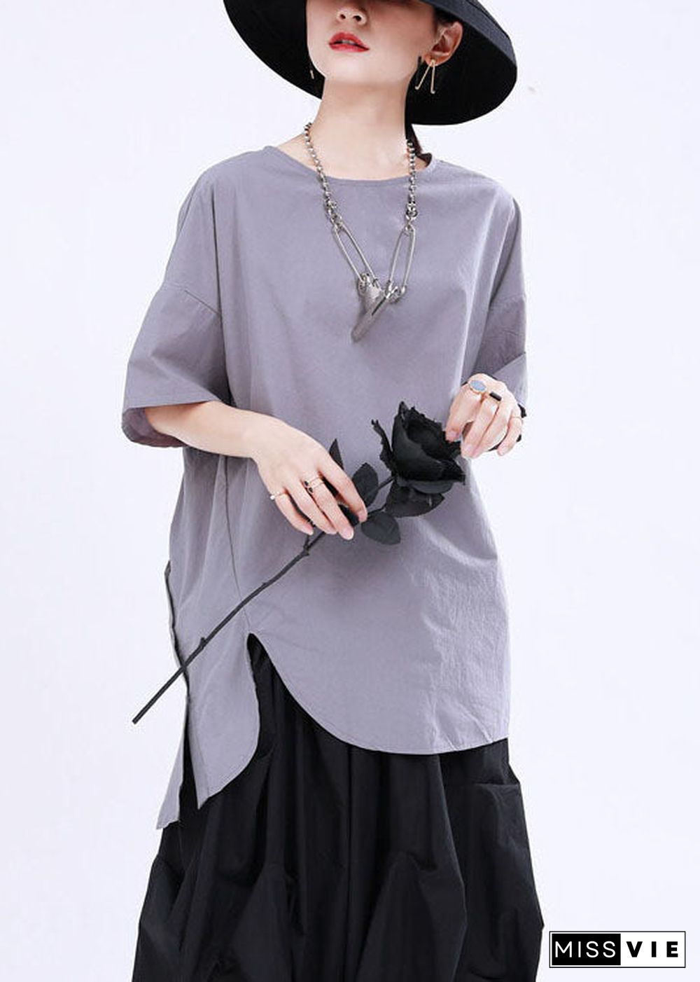 French Grey asymmetrical design Button Patchwork Fall Shirt Half Sleeve