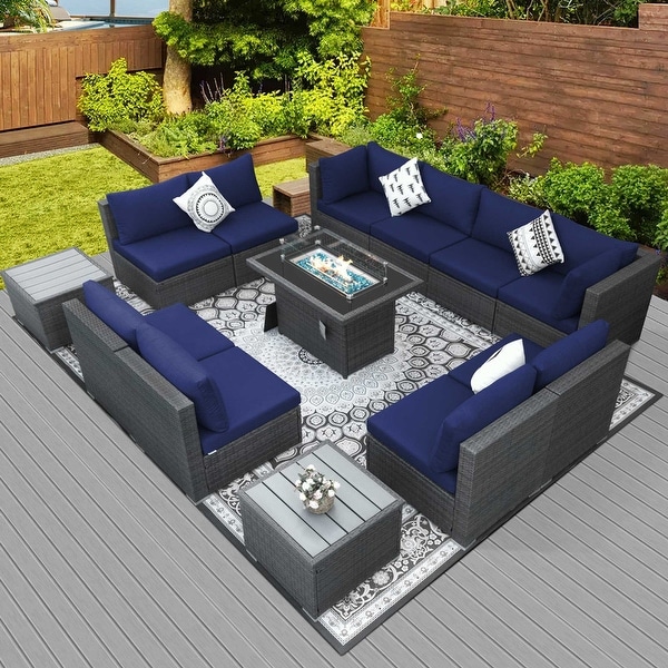 Nicesoul Outdoor Grey Wicker Sectional Furniture Patio Sofa Set with Firepit Table