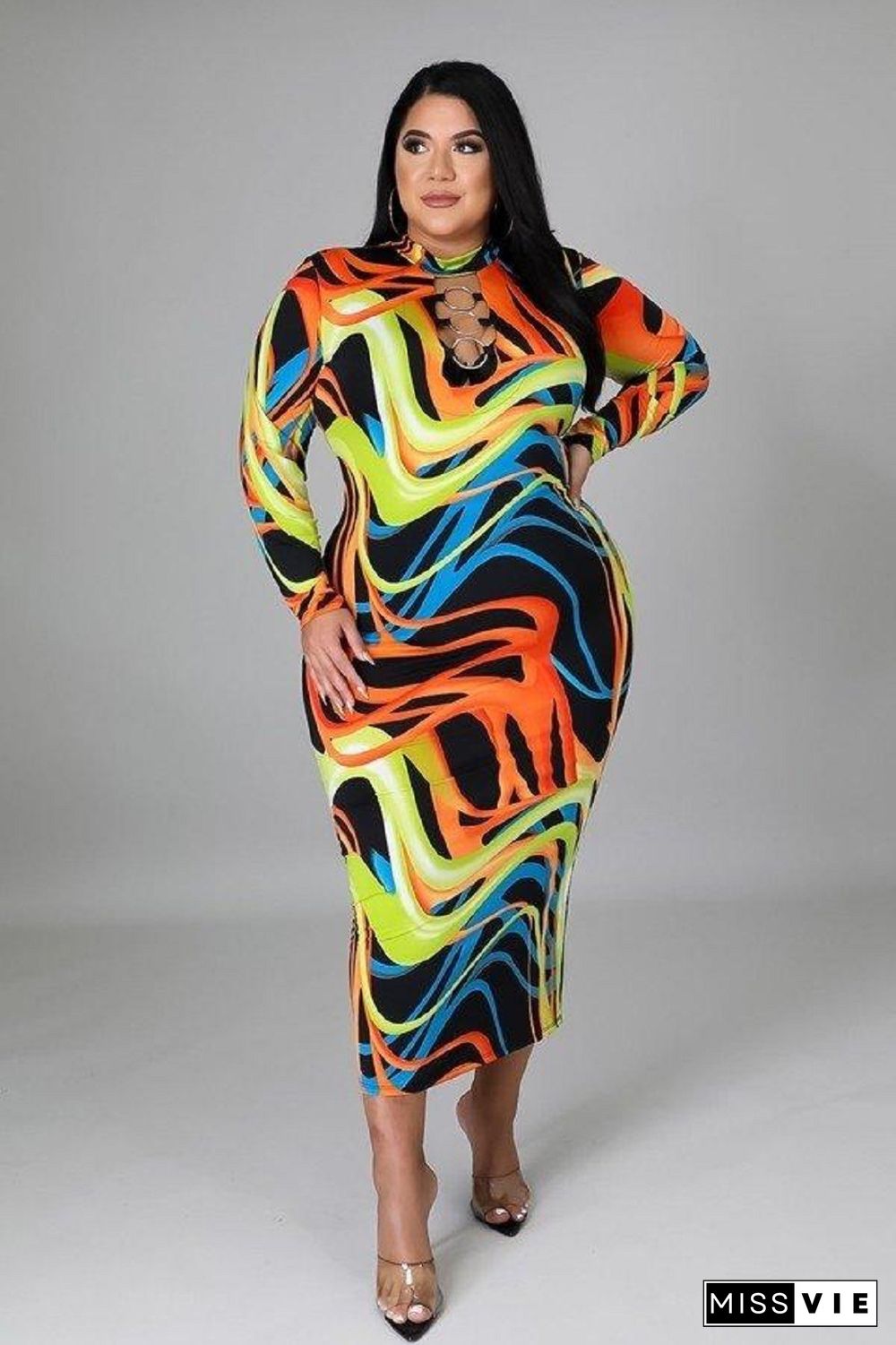 Hollow Out O-neck Long Sleeve Plus Size Dresses