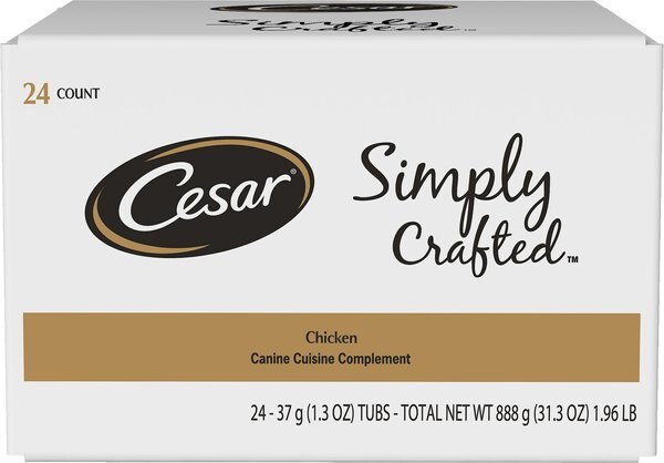 Cesar Simply Crafted Chicken Cuisine Complement Adult Wet Dog Food Topper， 1.3-oz tubs， case of 24