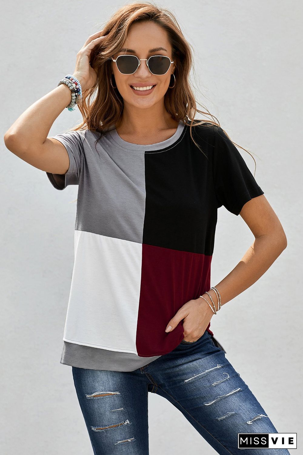 Wine Red Colorblock T-shirt with Slits