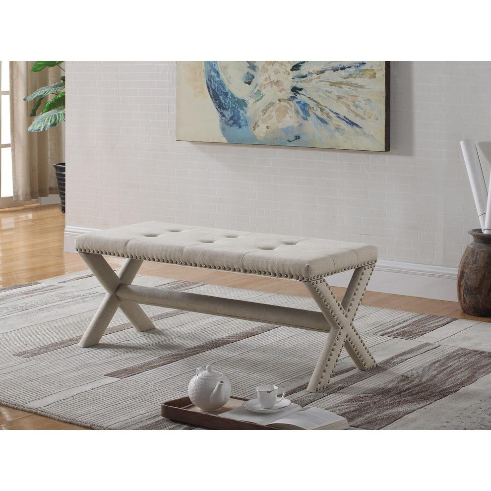 Linen Blend Accent Bench With Champagne Nail Heads   Transitional   Upholstered Benches   by Homesquare  Houzz