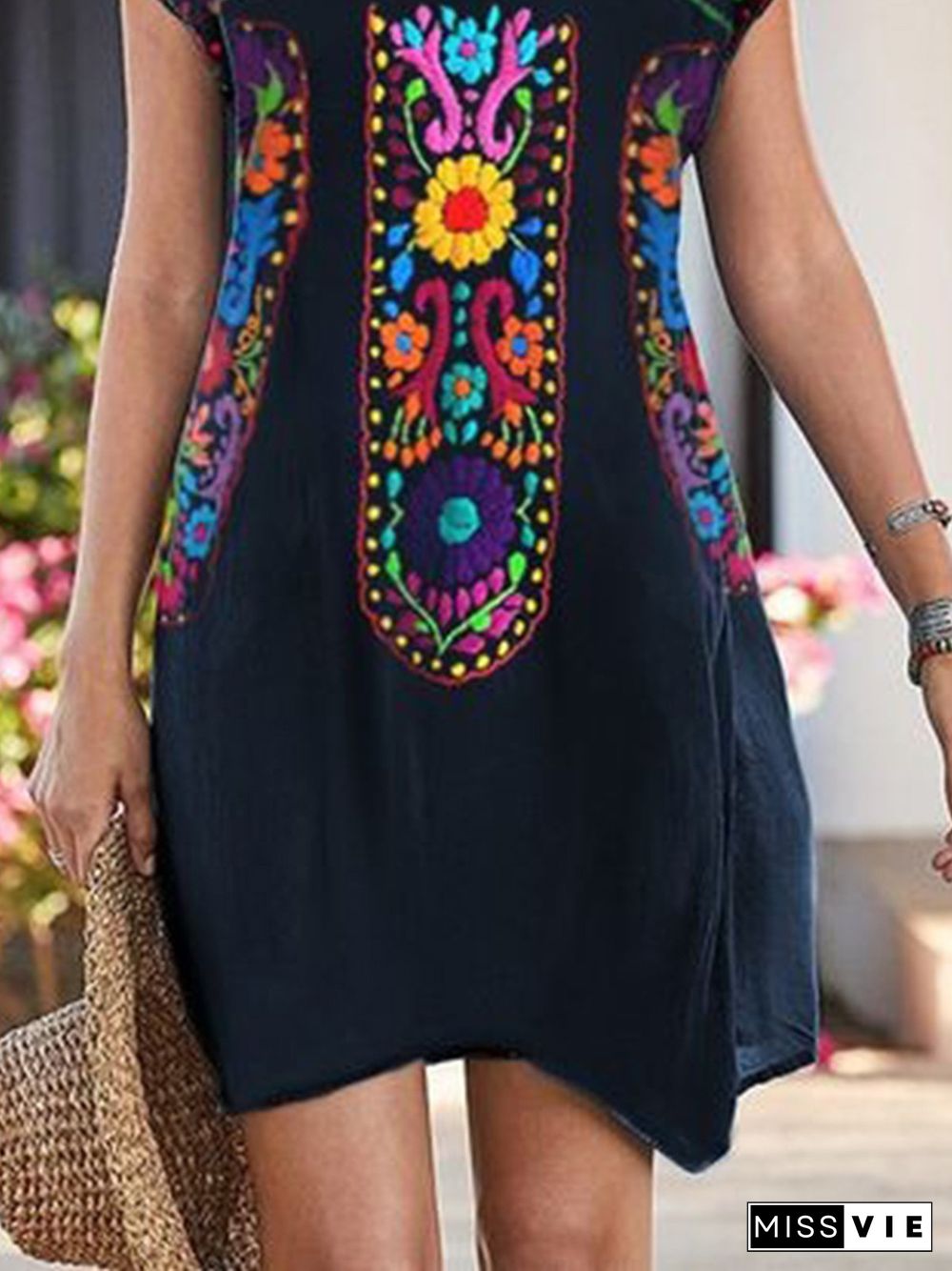 Tribal Printed Casual Short Sleeve Loosen Dress