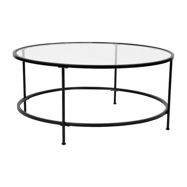 Glass Living Room Coffee Table with Round Metal Frame