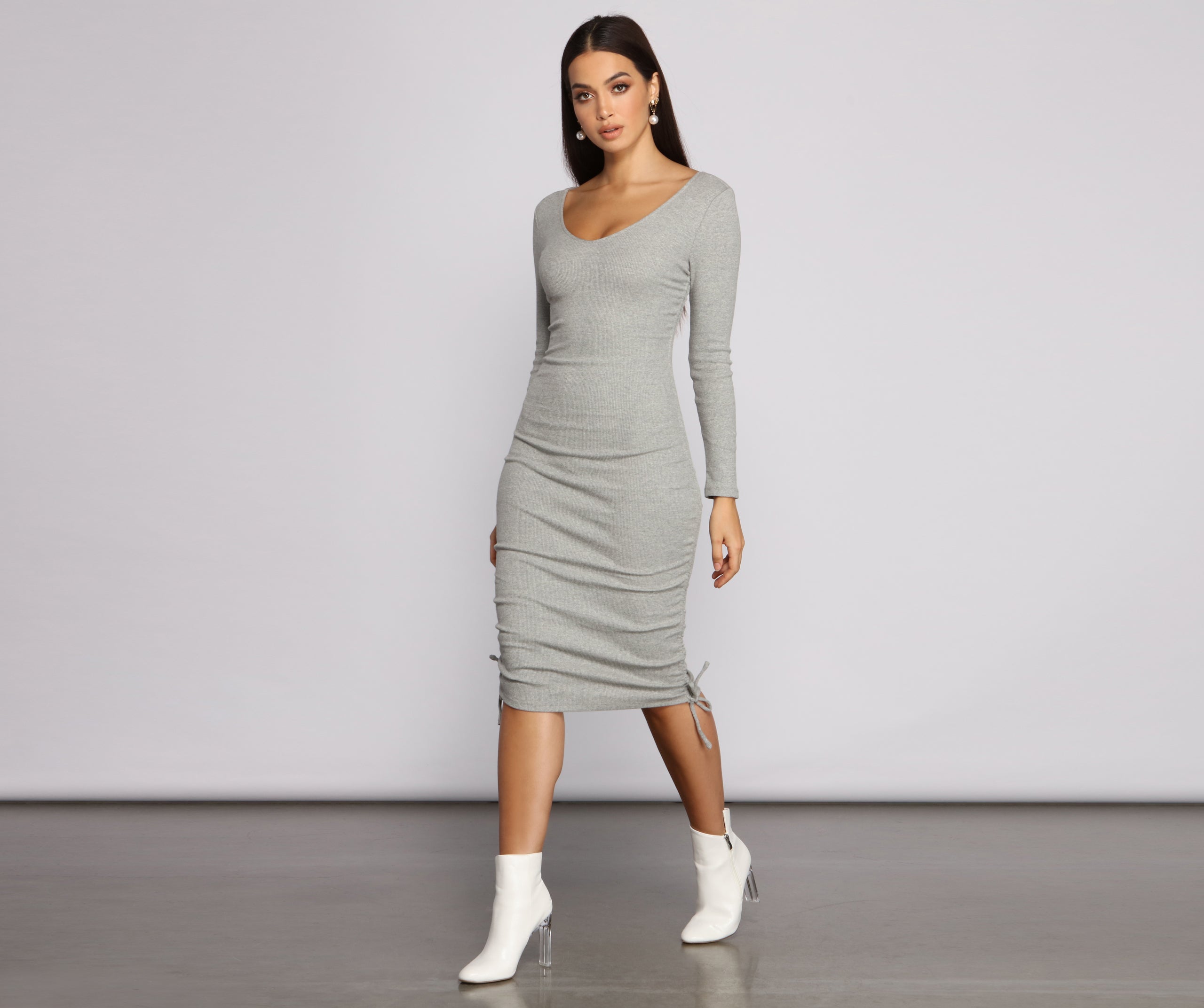 Fall Back To Basics Ribbed Knit Ruched Mini Dress