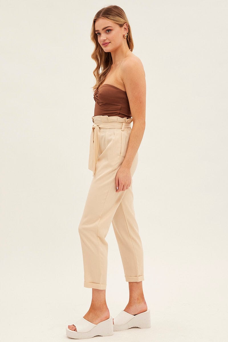 Beige Tie And Elastic Waist Slim Leg Pant