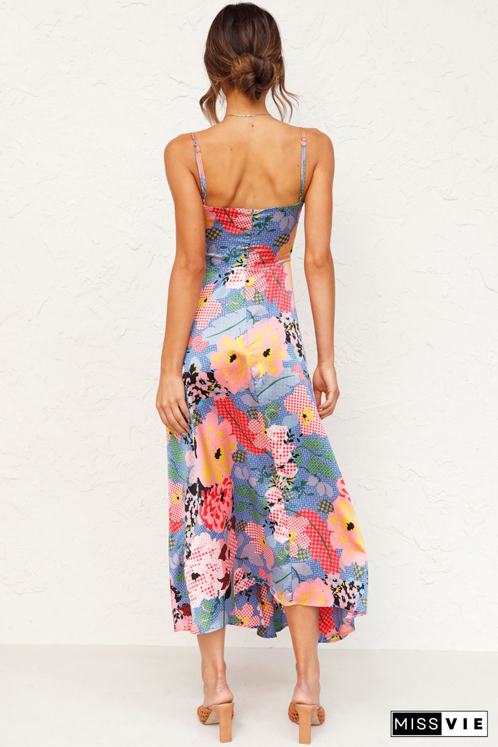 Multicolor Floral Print Bust Knot Long Dress with Slit