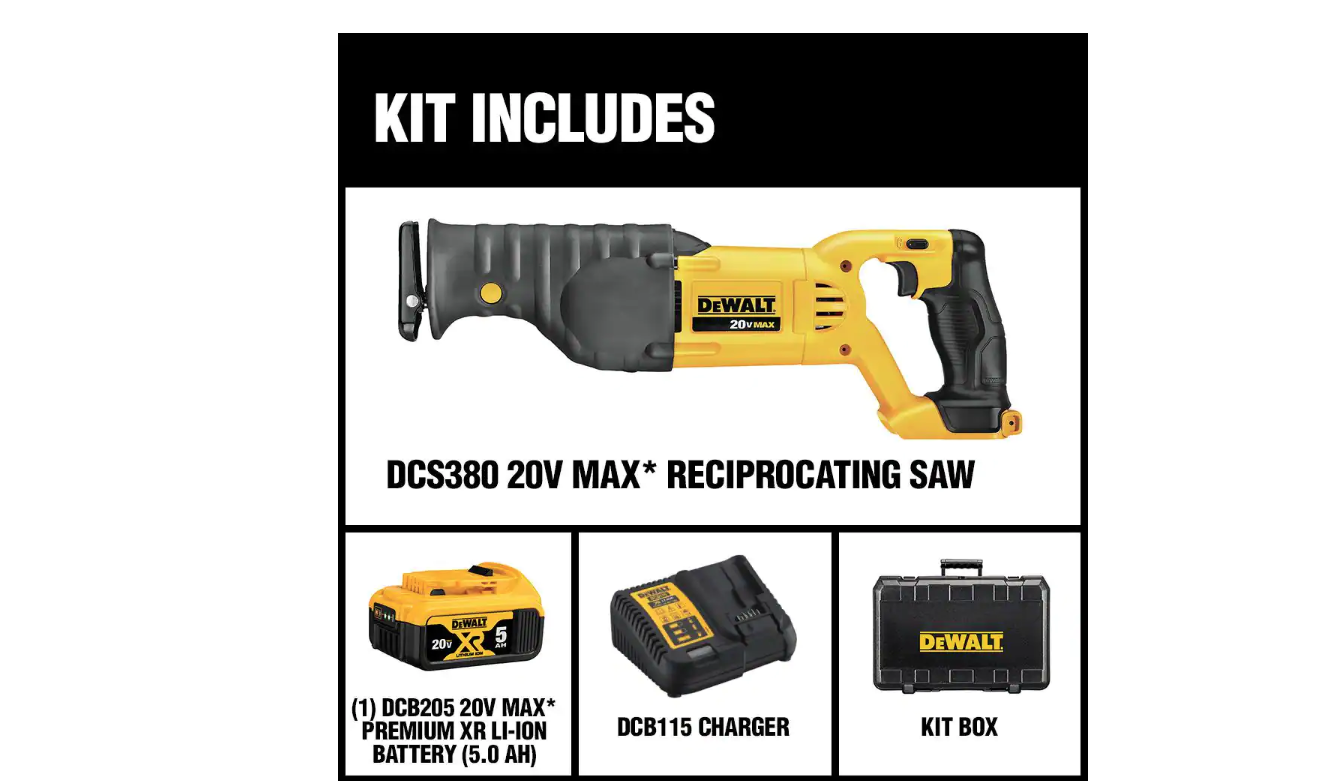 DEWALT DCS380P1 20-Volt MAX Cordless Reciprocating Saw with (1) 20-Volt Battery 5.0Ah and Charger