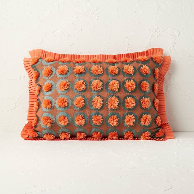 Oblong Jungalow Fringe Pom Decorative Throw Pillow Orange Coral Designed With Jungalow