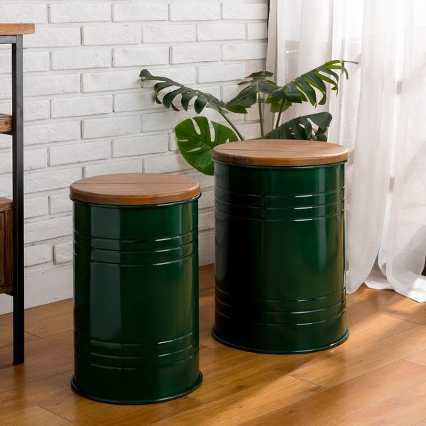 Glitzhome Industrial Farmhouse Round Storage End Tables (Set of 2)