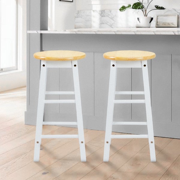 24 Inch， Rubber Wood Counter Height Round Top Backless Bar Stool， Set of 2， Brown and White