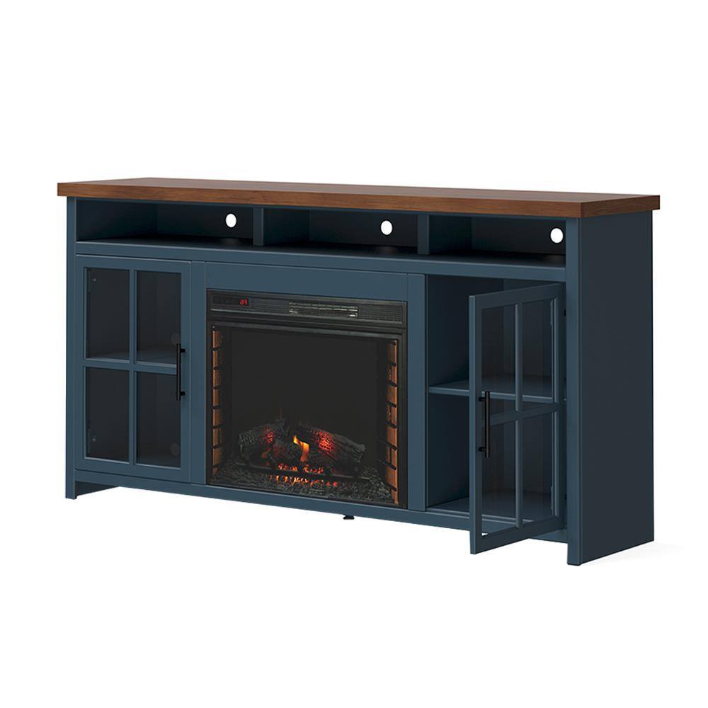 Bridgevine Home 74 in. Fully Assembled Blue and Brown TV Stand with Electric Fireplace Fits TV's up to 85 in. NT5110.BWK