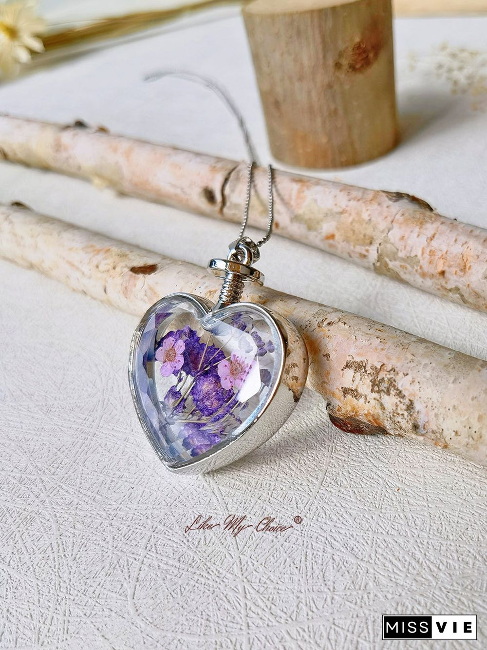 Flat Purple Red Flower Forget-Me-Not Crystal Glass Heart Necklace