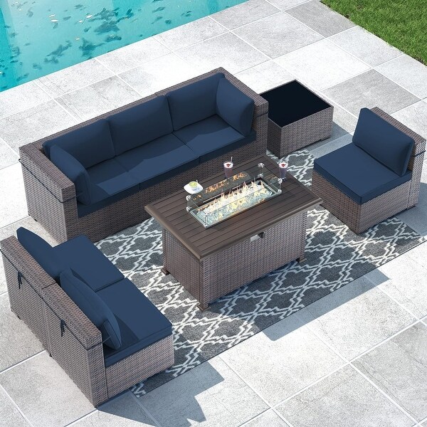 Outdoor Sectional Conversation Sofa Set with Firepit Coffee Table Cushions