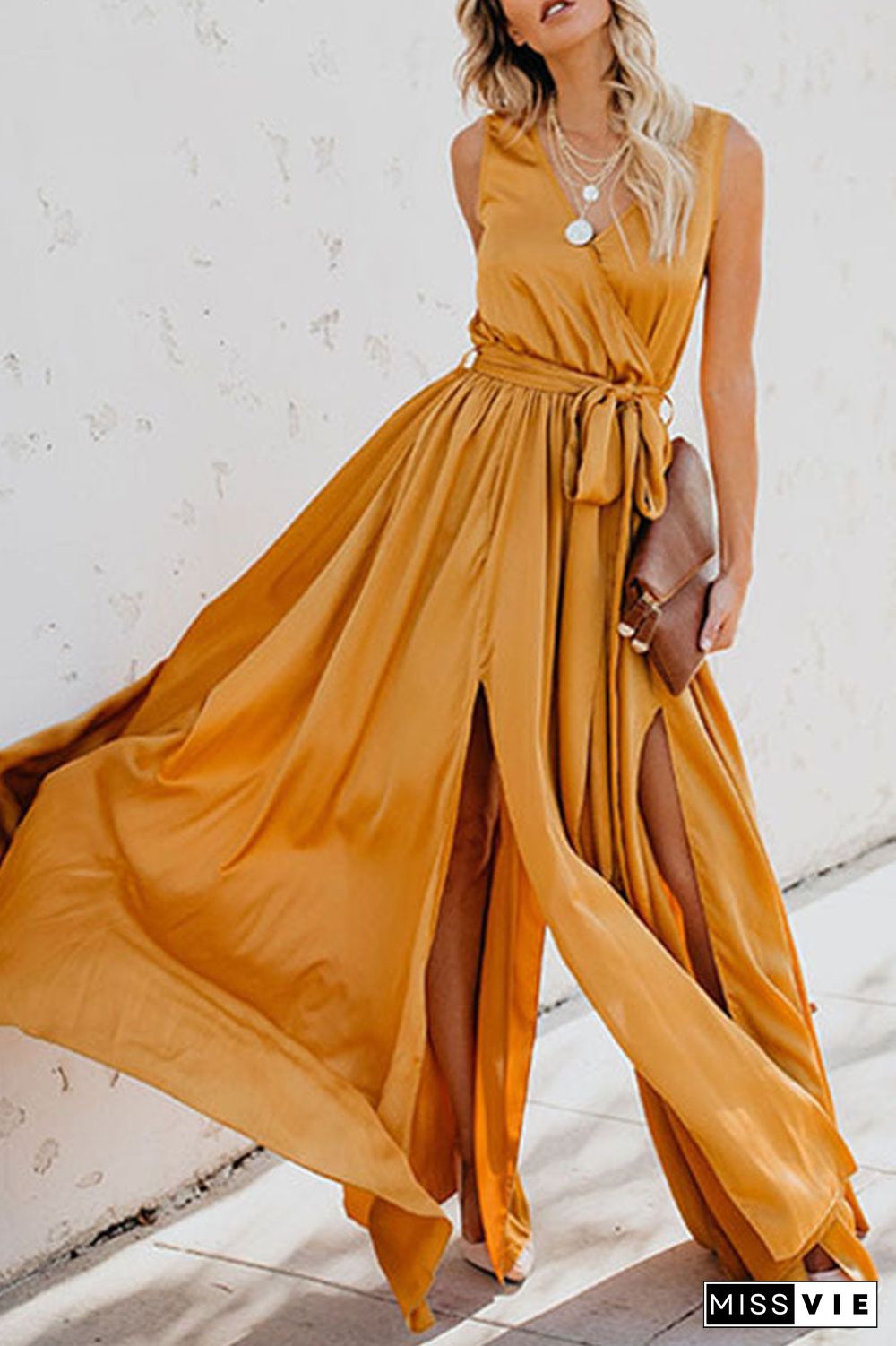 Fashion Street Solid Slit V Neck Waist Skirt Dresses