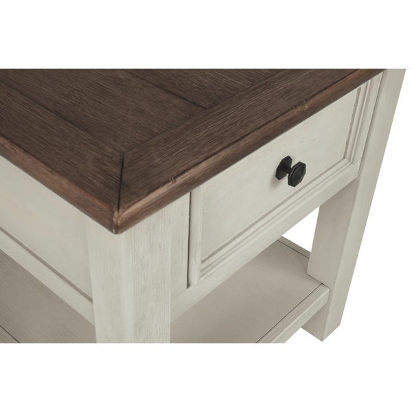 End Table With Plank Top and a Gliding Drawer， Cream and Brown