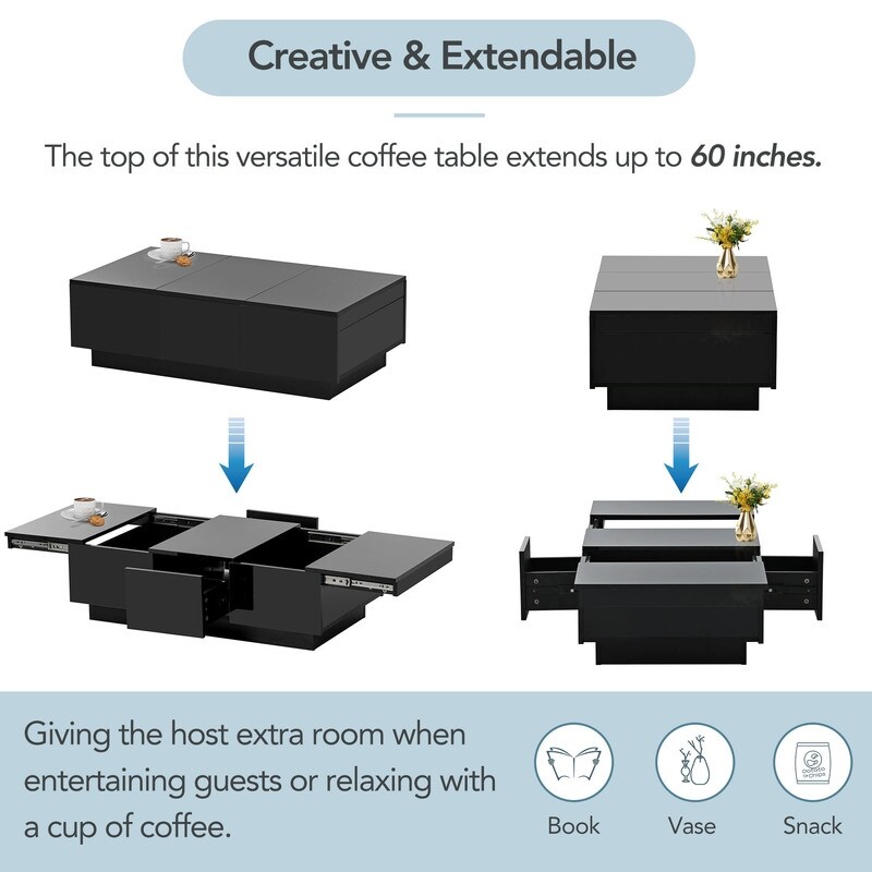 Extendable Coffee Table Center Table with Sliding Top and 2 Drawers