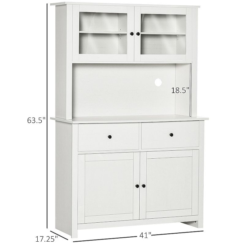 HOMCOM 63.5 Kitchen Buffet with Hutch， Pantry Storage Cabinet with 4 Shelves， Drawers， Framed Glass Doors， Open Microwave Countertop， Antique White