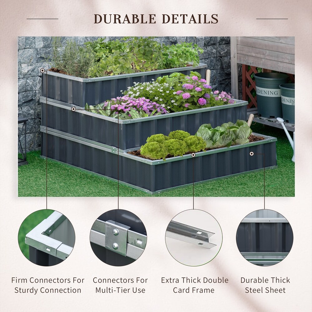 Outsunny 3 Tier Metal Raised Garden Bed  Elevated Outdoor Planter Box Kit for Vegetables  Herbs  and Flowers