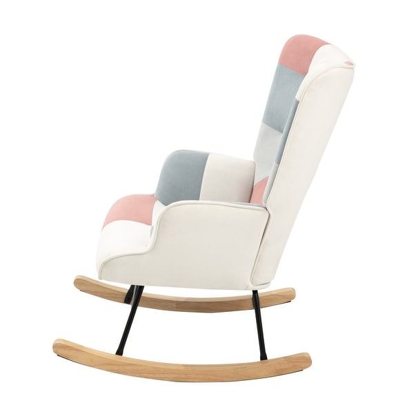 Fabric Rocker Chair with Wood Legs and Patchwork Linen