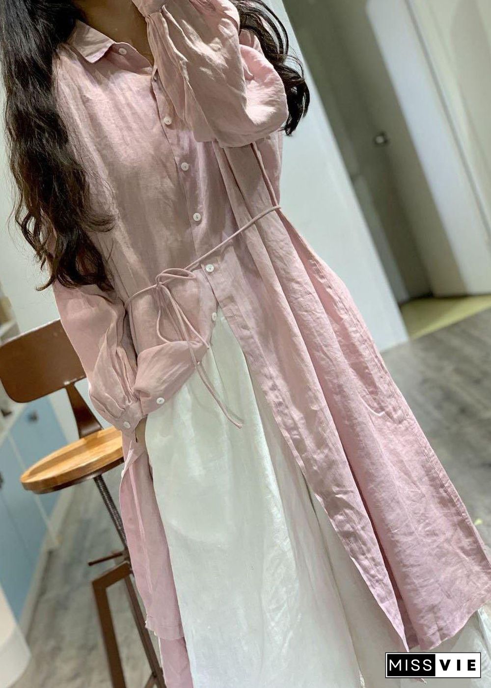 Modern pink lapel collar linen dresses long sleeve baggy fall Dress