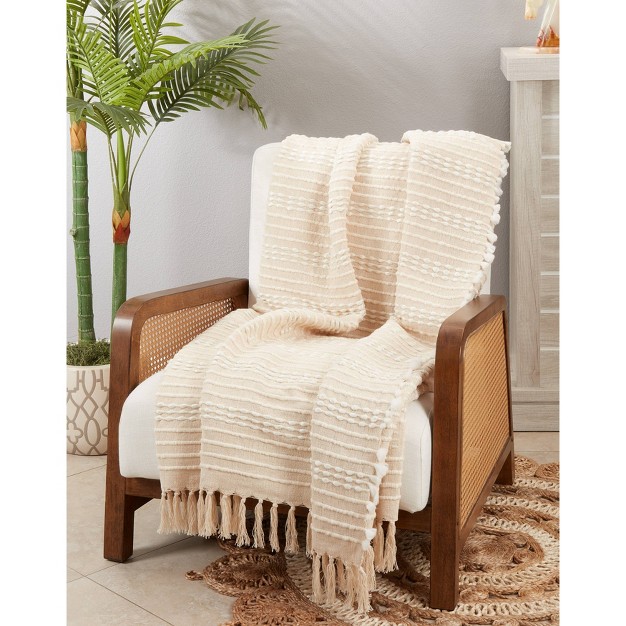 Cozy Cabin Textured Striped Fringe Throw Blanket Natural Saro Lifestyle