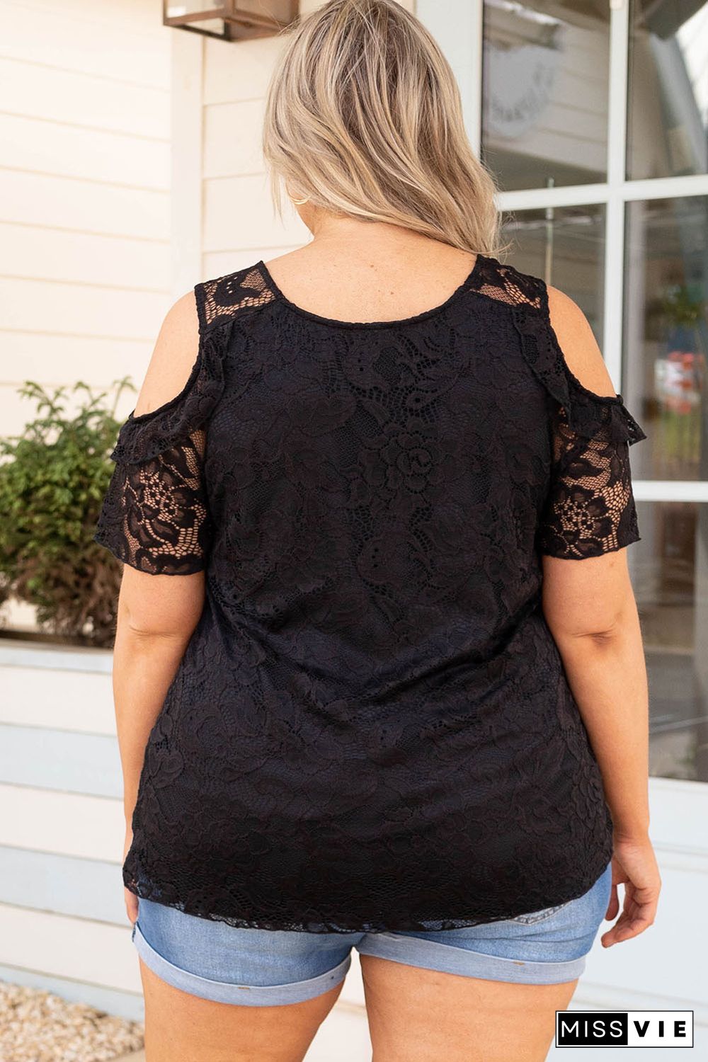 Black Floral Lace Cold Shoulder Plus Size Top