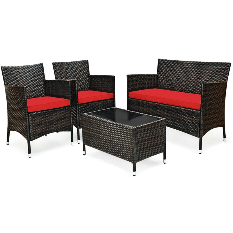 4 Pcs Rattan Wicker Patio Conversation Sets with Loveseat, Single Sofas, Coffe Table, Outdoor Bistro Set