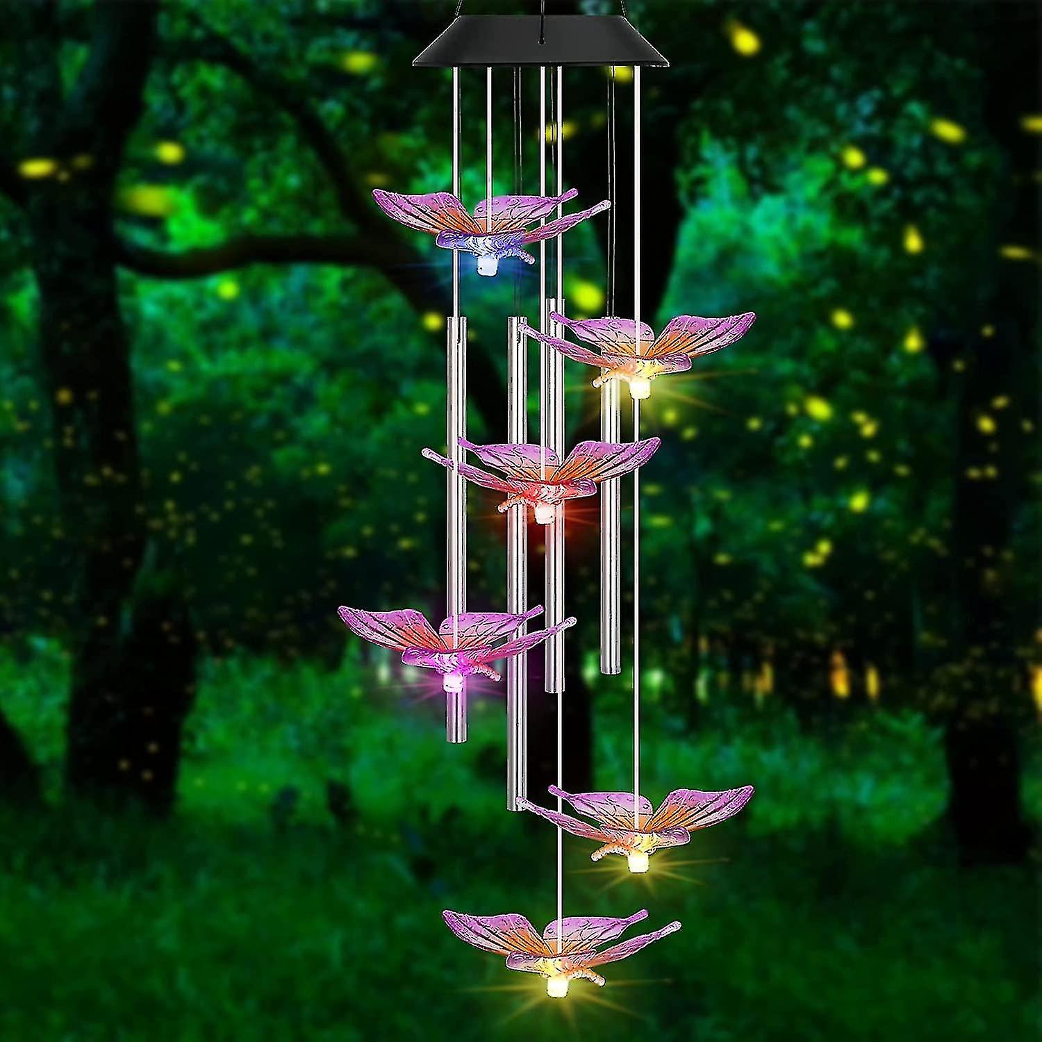 Solar Night Light Wind Chime， Outdoor Color Changing Led Butterfly Wind Chimes Of Aluminum Tubes， Fo