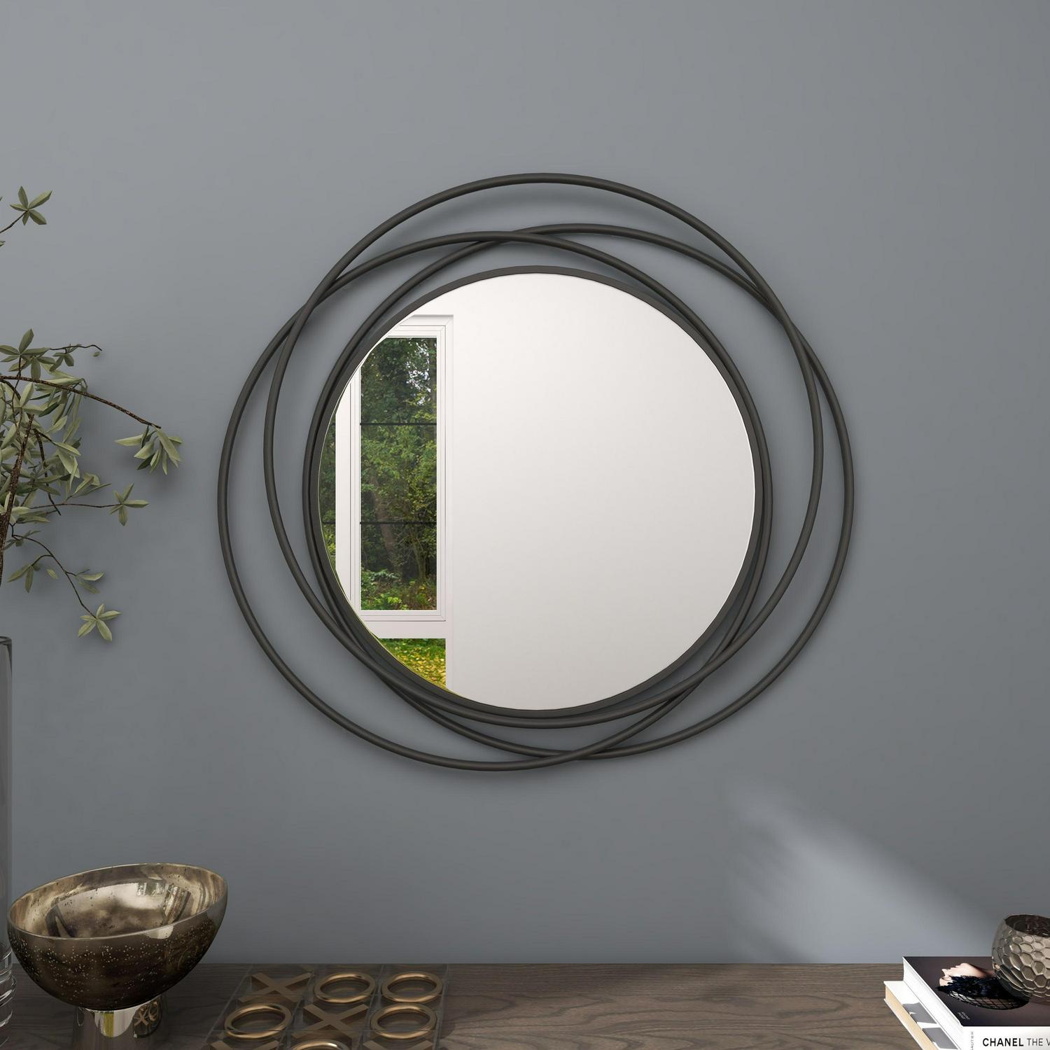 DecMode Gray Modern Metal Wall Mirror with Overlapping Rings Frame， 42 W x 40 H